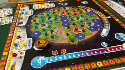 Terraforming Mars board, covered with tiles and player cubes