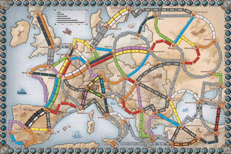 A picture of the board from Ticket to Ride: Europe