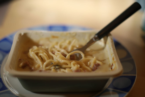 A spaghetti carbonara ready meal, fresh out the microwave