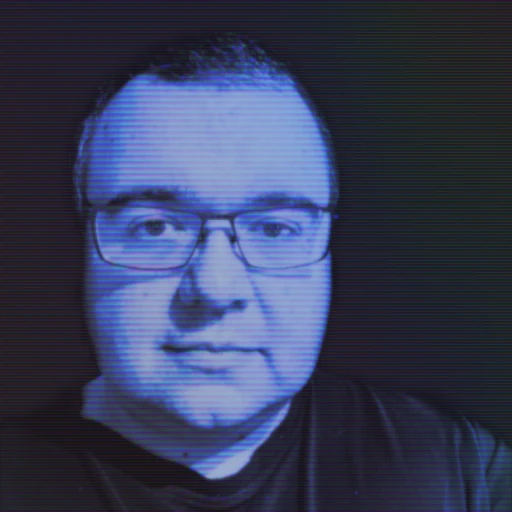 Image of Chris, distorted with scan lines and a hologram effect