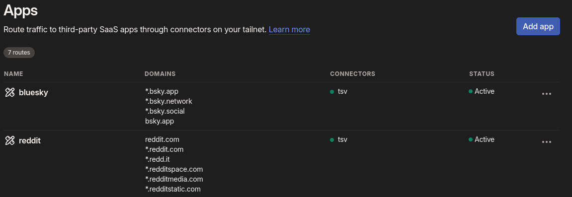 Screenshot of the app section in the Tailscale admin console. It shows a table with two entries: 'reddit' and 'bluesky'. Each entry has a list of domain names like '*.reddit.com, *.reddit.it'.