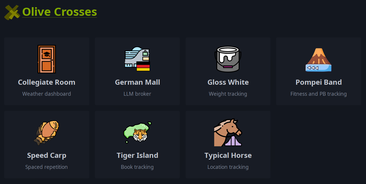 A screenshot of Olive Crosses, showing links to other services with icons based on their two-word names