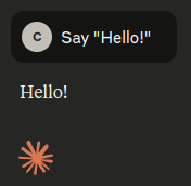 A screenshot of the Claude web UI with the prompt 'Say "Hello!"'. The response is "Hello!"