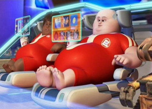 Still from WALL-E, showing two overweight people on floating beds, mindlessly consuming media