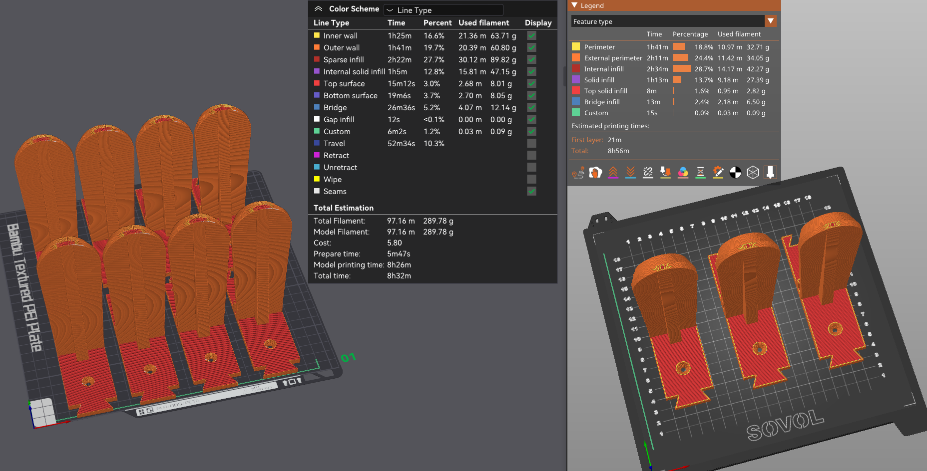 A side-by-side comparison of printing time on the P1S and SV06. The P1S prints 8 objects at higher quality than the SV06 prints 3.