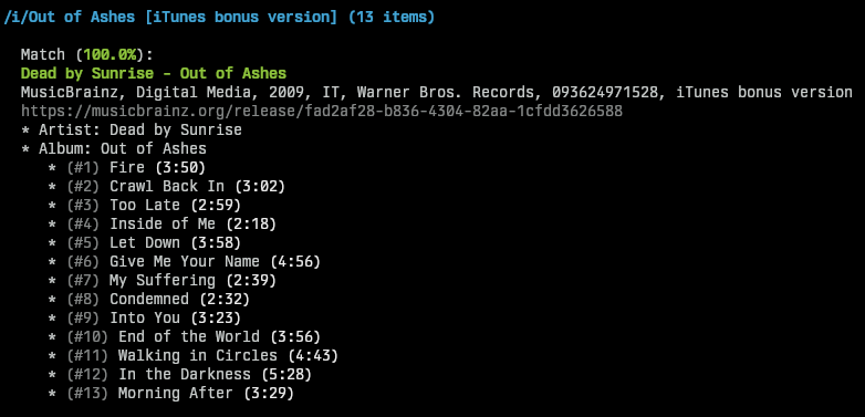 Screenshot of beets output when importing an album. It shows the source folder in blue, the matched metadata information in white with green highlights, the MusicBrainz URL, then a listing of all tracks