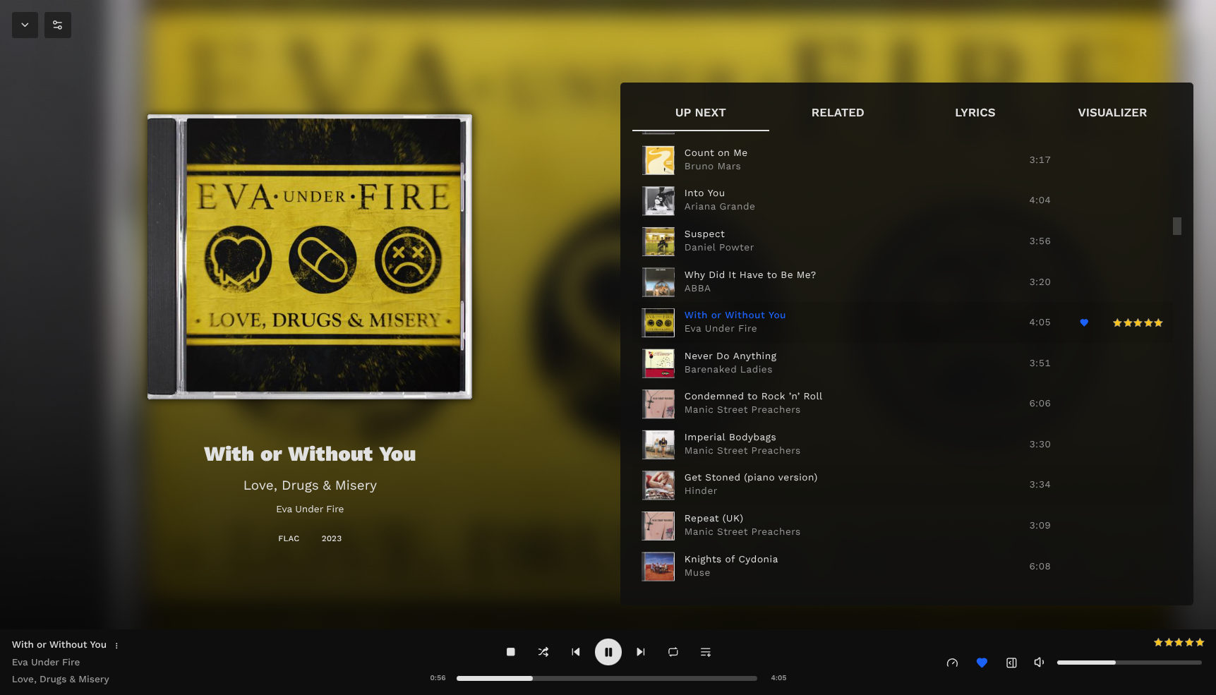 A screenshot of Feishin. On the left side of the screen is the album art (Love, Drugs & Misery by Eva Under Fire), with the track, album, artist, year and file format below it. On the right hand side is a tabbed panel, currently showing 'Up Next' which shows a queue of music. At the bottom is a standard player interface with play/pause/skip/etc buttons.