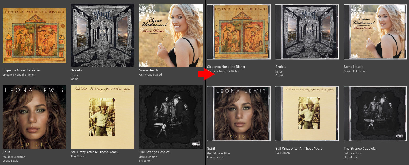 A comparison screenshot. On the left are four albums, with their unaltered artwork. Some are different aspect ratios. On the right are the same four albums, but the art work is now consistently rendered as though its in a jewel case.