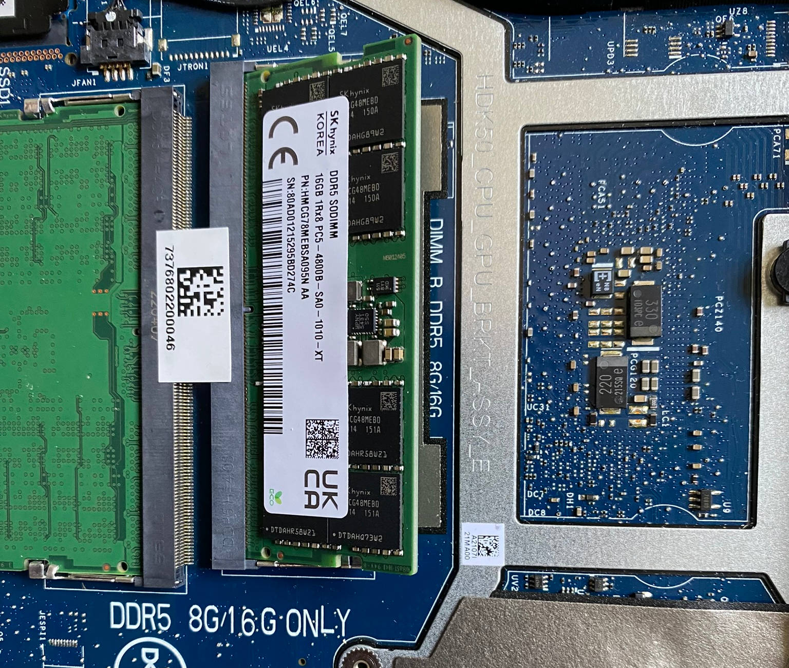 The G15 motherboard, with a large "DDR5 8G/16G Only" label, and a smaller "DIMM B DDR5 8G/16G" label next to a SODIMM slot