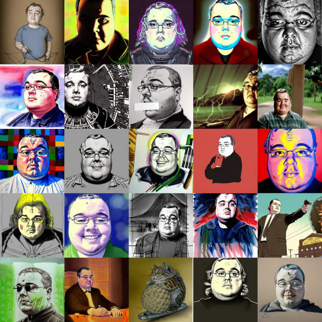 A grid of Standard Diffusion produced avatars of the author