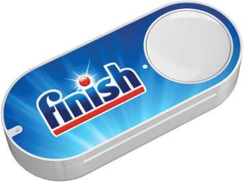 An Amazon Dash button with the 'Finish' detergent logo on the front. It's a thin rectangle with rounded corners, with a circular button inset on the right-hand side.
