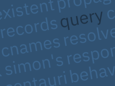 Word cloud featuring: query, chameth, records, caching, recursive, resolver, cnames, lego, nxdomain, responsible, simon's, check, rcode, propagation, nonexistent, opcode, behaviour, centauri, drill, systemd-resolved