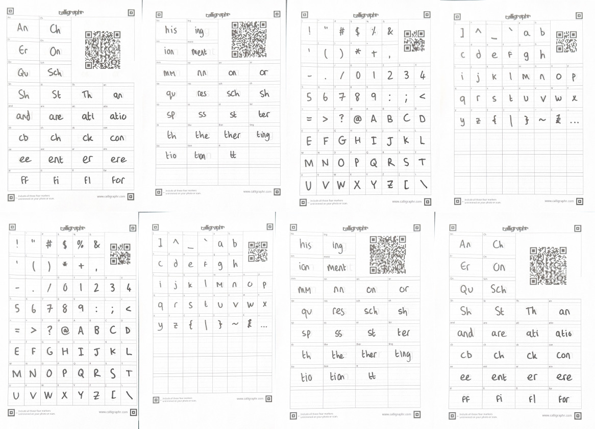Eight scanned template sheets, filled in with handwritten letters and ligatures
