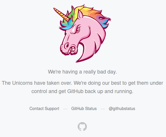 A screenshot of the GitHub error page, featuring an angry-looking Unicorn.