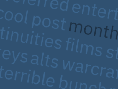 Word cloud featuring: month, post, cool, world, spec, films, standard, discontinuities, disclosure, warcraft, alts, keys, find, april, entertainment, self-referred, called, bunch, photo, terrible, interesting, suspicious