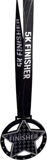 Photo of a medal: a black star with a circle around it, with the word 'Finisher' engraved. An attached lanyard says '5km finisher'