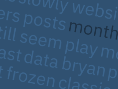Word cloud featuring: monthly, posts, scrapers, combinations, play, moving, seem, still, talks, bryan, previously, data, last, albums, towards, website, slowly, prompts, pace, classic, frozen, feet, versions