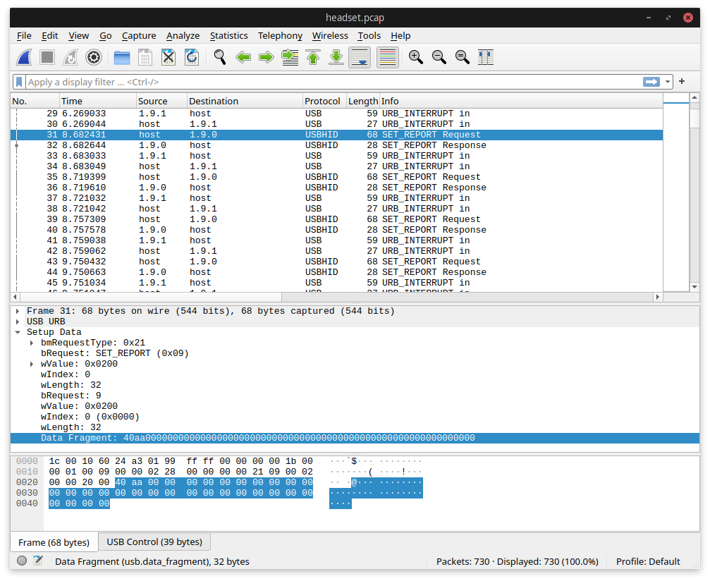 Wireshark, showing a packet capture of a SET_REPORT request from the host to the headset