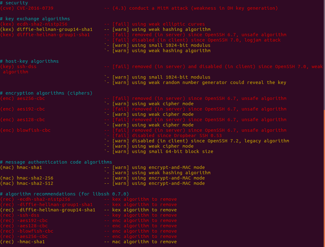 Output of ssh-audit pointing at GitHub's SSH servers