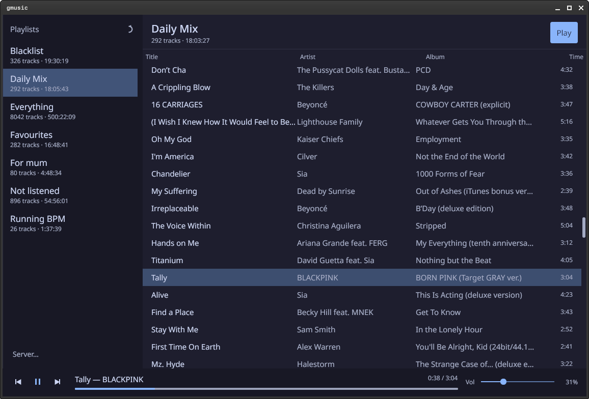 A screenshot of gmusic, showing a sidebar with playlists, a large table showing tracks in the selected playlist, and a control bar at the bottom.