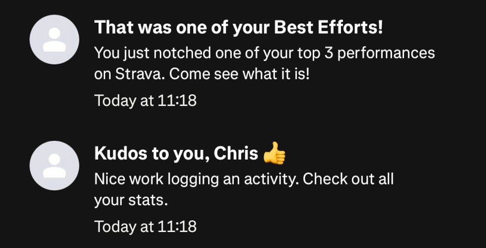 Screenshot of Strava notifications that say basically nothing but demand engagement